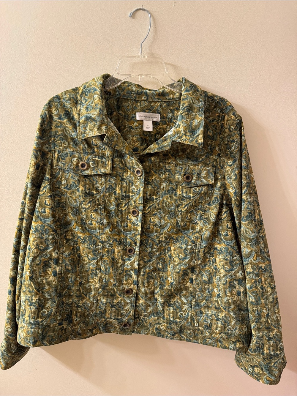 Christopher & Banks Green Patterned Quilted Jean Jacket